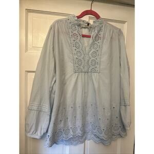 Loft Women The Softened Shirt Blouse Size Large Blue Lightweight Eyelet Peasant